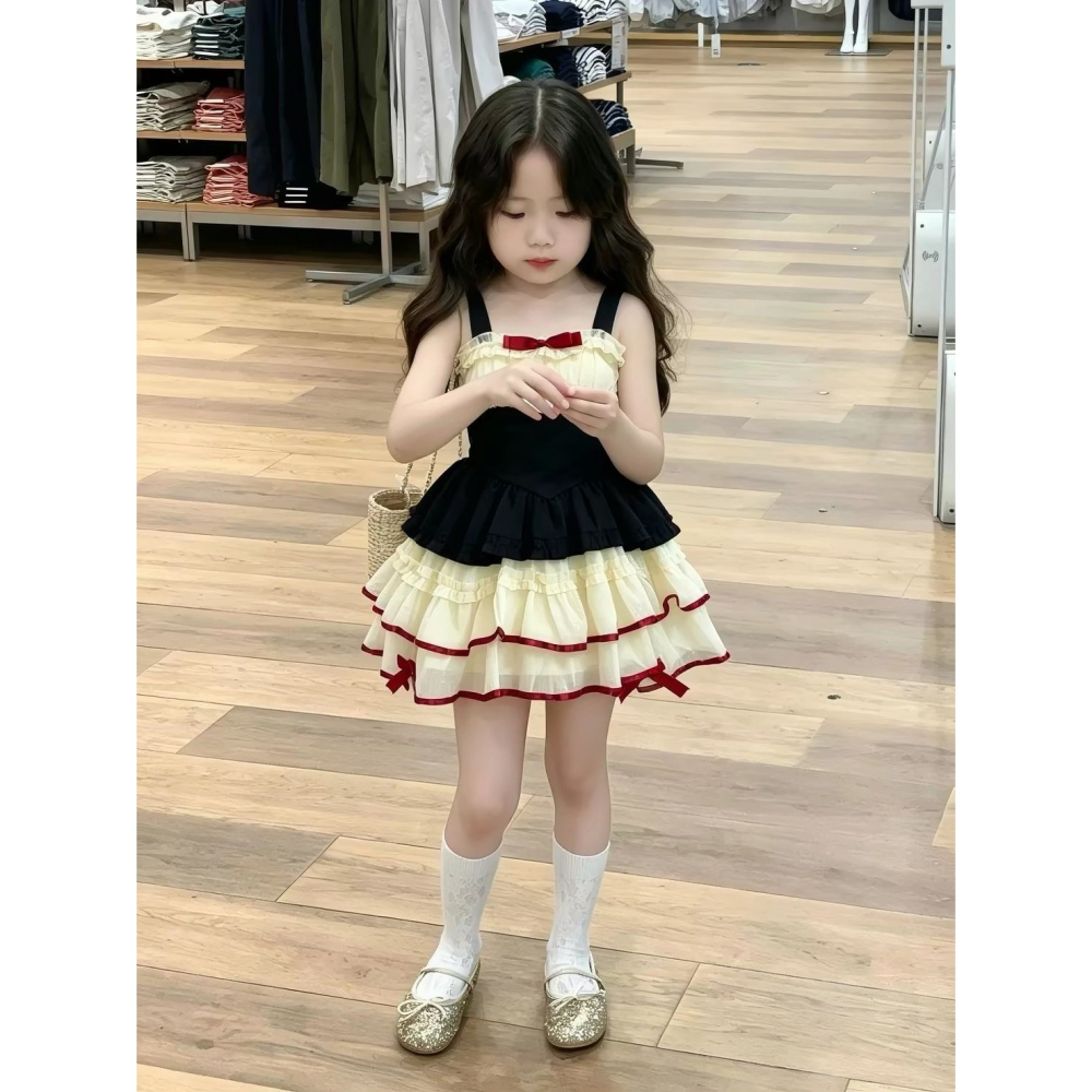 【小貝殼】女童x洋裝 蘿莉塔撞色收腰蝴蝶結花邊公主裙 200223296-細節圖3