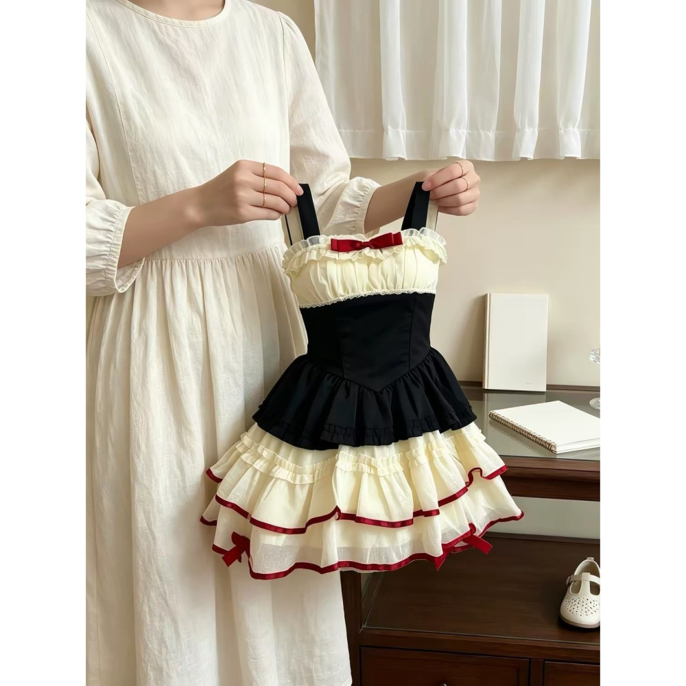 【小貝殼】女童x洋裝 蘿莉塔撞色收腰蝴蝶結花邊公主裙 200223296-細節圖4
