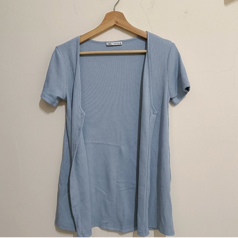 Zara針織短袖外套/罩衫（溫柔藍），全新僅下水，尺寸S-細節圖2