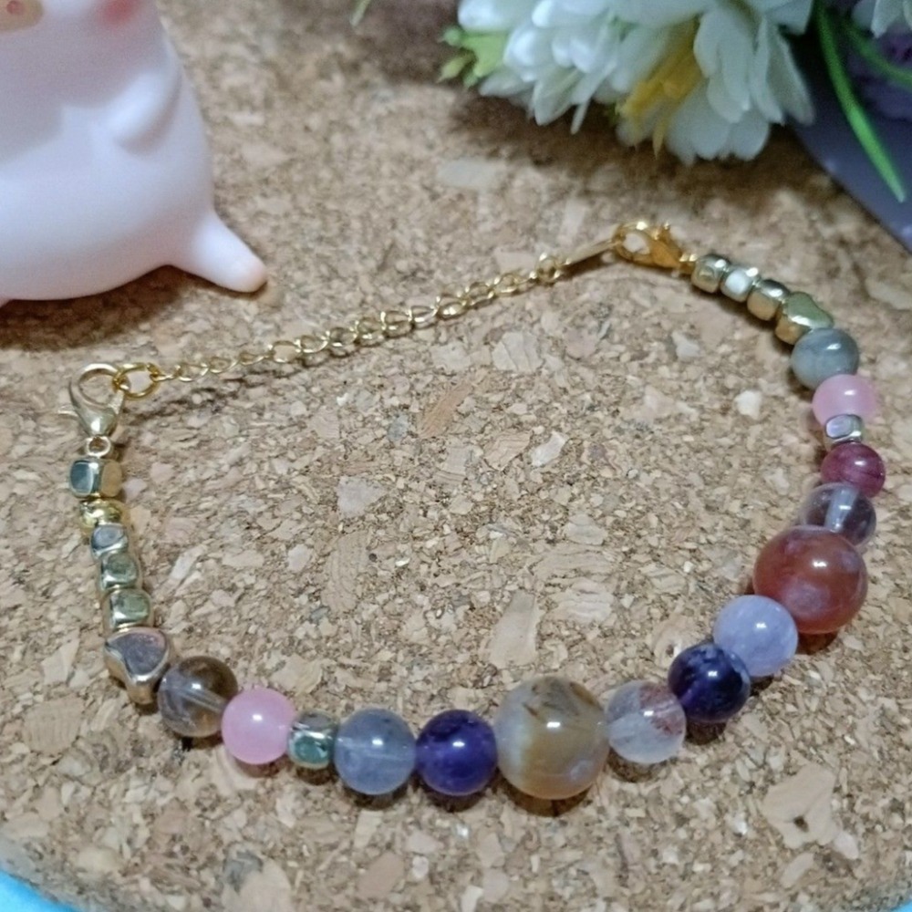 櫻花瑪瑙搭配極光水晶和紫幽靈手鍊-細節圖2