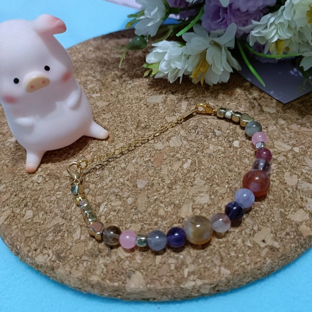 櫻花瑪瑙搭配極光水晶和紫幽靈手鍊-細節圖4