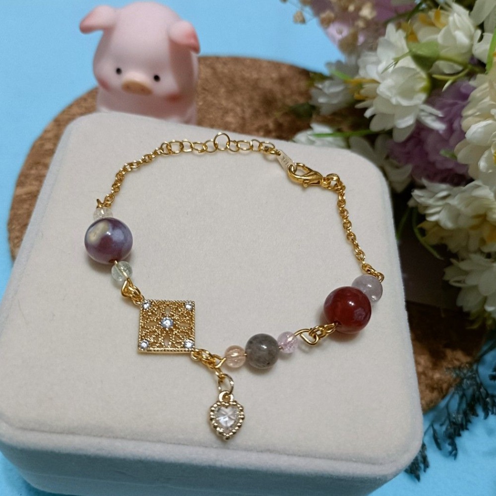 手作14k櫻花瑪瑙搭配極光水晶手鍊-細節圖5
