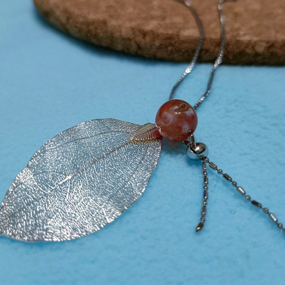 手作櫻花瑪瑙925銀葉項鍊-細節圖3