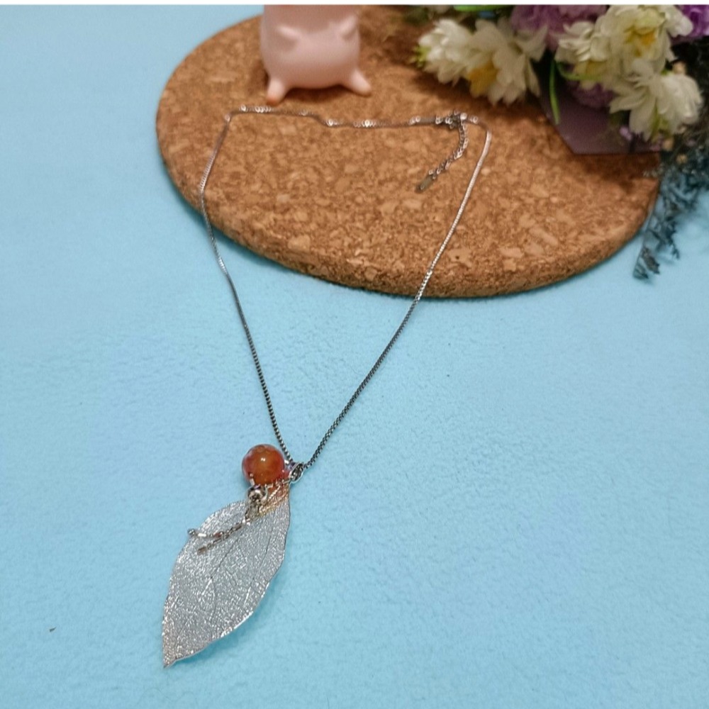 手作櫻花瑪瑙925銀葉項鍊-細節圖4