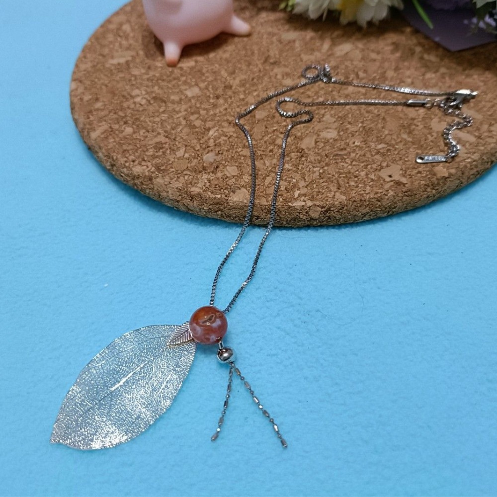 手作櫻花瑪瑙925銀葉項鍊-細節圖5