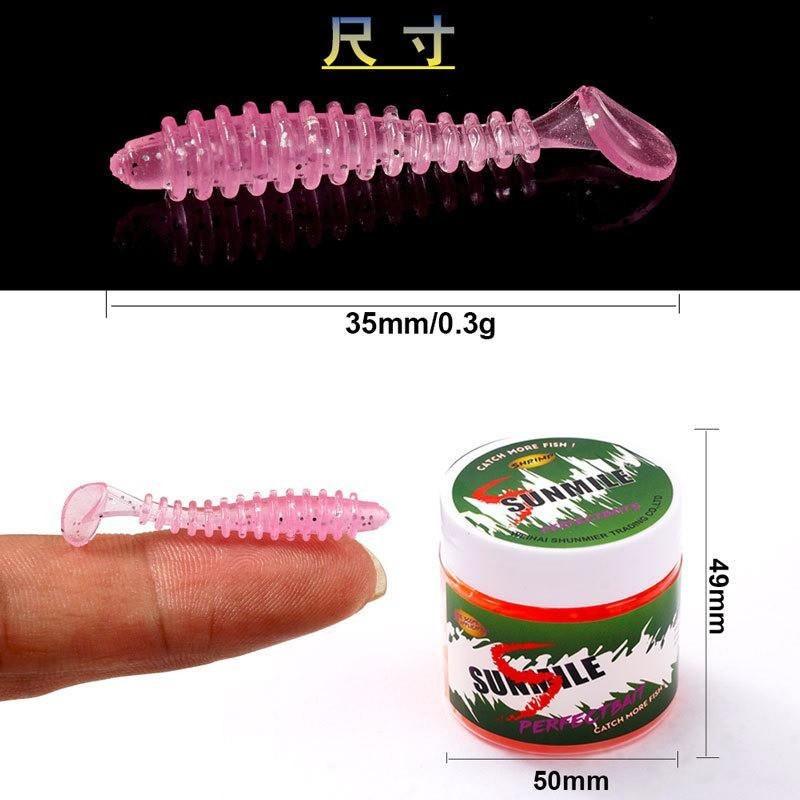 日野戶外~現貨 1罐30條 35mm T尾軟蟲 路亞 釣魚 軟蟲 假餌 加鹽加味 淡海水適用 迷你根釣浮水軟餌-細節圖5