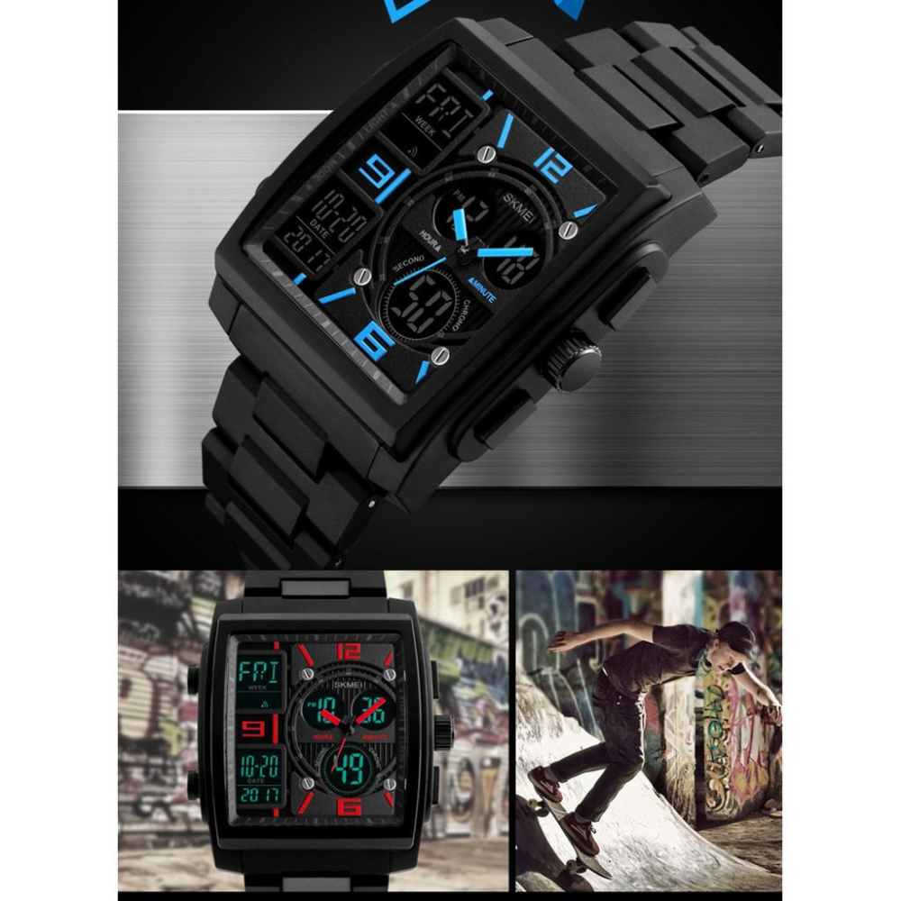 台灣出貨 時刻美 SKMEI 1274 方形 潮流時尚防水男士電子錶 多功能戶外運動學生手錶-細節圖4