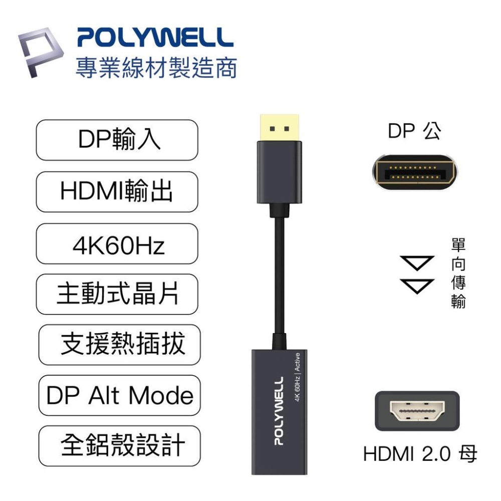 POLYWELL DP轉HDMI 訊號轉換器 4K 60Hz 主動式晶片 DP HDMI 轉接線 寶利威爾-細節圖3