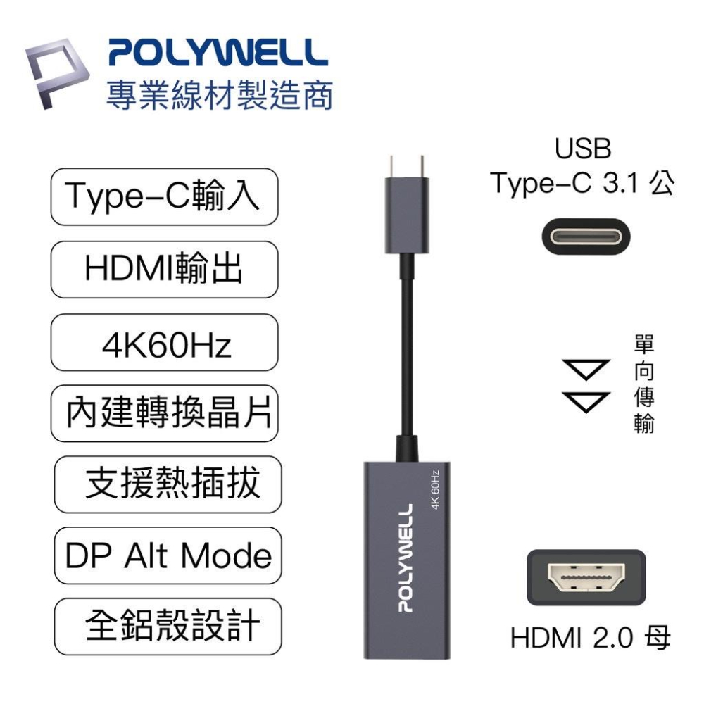 POLYWELL Type-C轉HDMI 訊號轉換器 4K 60Hz HDMI Type-C 轉接線 寶利威爾-細節圖3