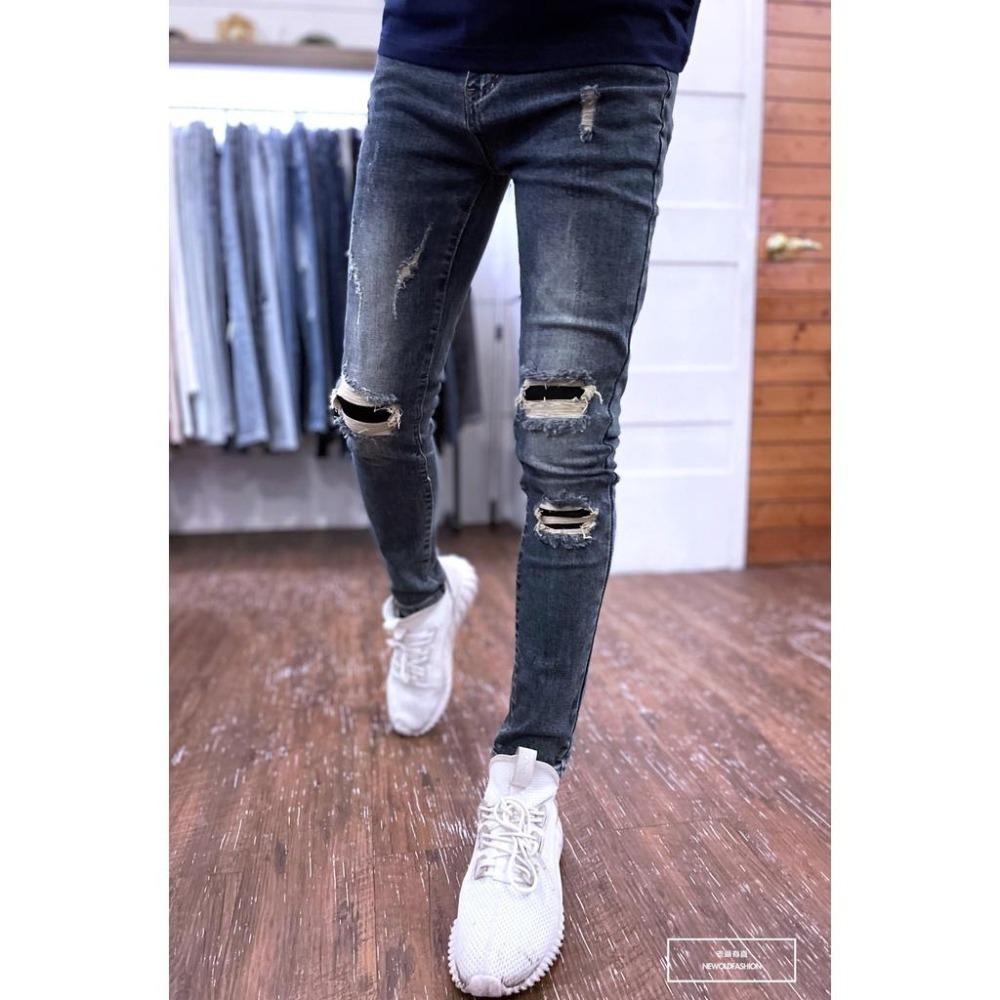 『老爺有喜』重磅深灰藍補丁小直筒褲 彈性抽鬚 牛仔破褲 顯瘦 修身 窄管 補丁破壞 牛仔褲(NOF22031351)-細節圖2