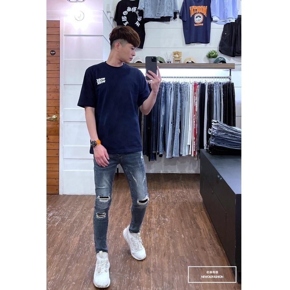 『老爺有喜』重磅深灰藍補丁小直筒褲 彈性抽鬚 牛仔破褲 顯瘦 修身 窄管 補丁破壞 牛仔褲(NOF22031351)-細節圖5