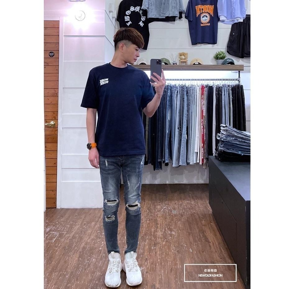 『老爺有喜』重磅深灰藍補丁小直筒褲 彈性抽鬚 牛仔破褲 顯瘦 修身 窄管 補丁破壞 牛仔褲(NOF22031351)-細節圖7