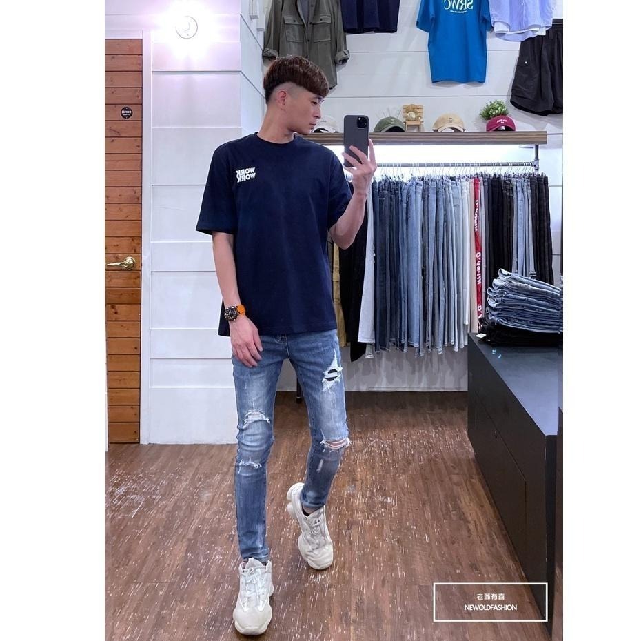 『老爺有喜』重磅三洞抽鬚破壞小直筒褲 復古彈性抽鬚 牛仔破褲 顯瘦修身窄管 補丁破壞牛仔褲(NOF2203532)-細節圖5