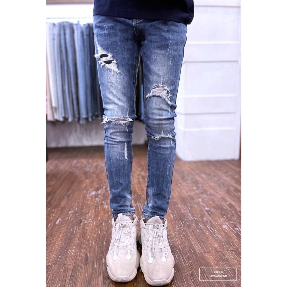 『老爺有喜』重磅三洞抽鬚破壞小直筒褲 復古彈性抽鬚 牛仔破褲 顯瘦修身窄管 補丁破壞牛仔褲(NOF2203532)-細節圖6