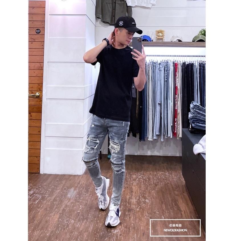 『老爺有喜』重磅不對稱補丁膝拉鍊小直筒褲 機車褲 彈性牛仔破褲 顯瘦修身窄管 補丁破壞牛仔褲(NOF22033522)-細節圖5