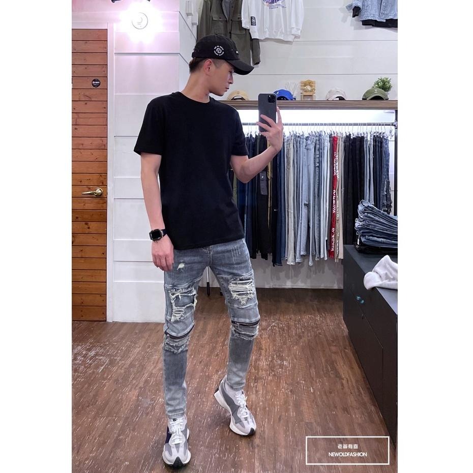 『老爺有喜』重磅不對稱補丁膝拉鍊小直筒褲 機車褲 彈性牛仔破褲 顯瘦修身窄管 補丁破壞牛仔褲(NOF22033522)-細節圖7