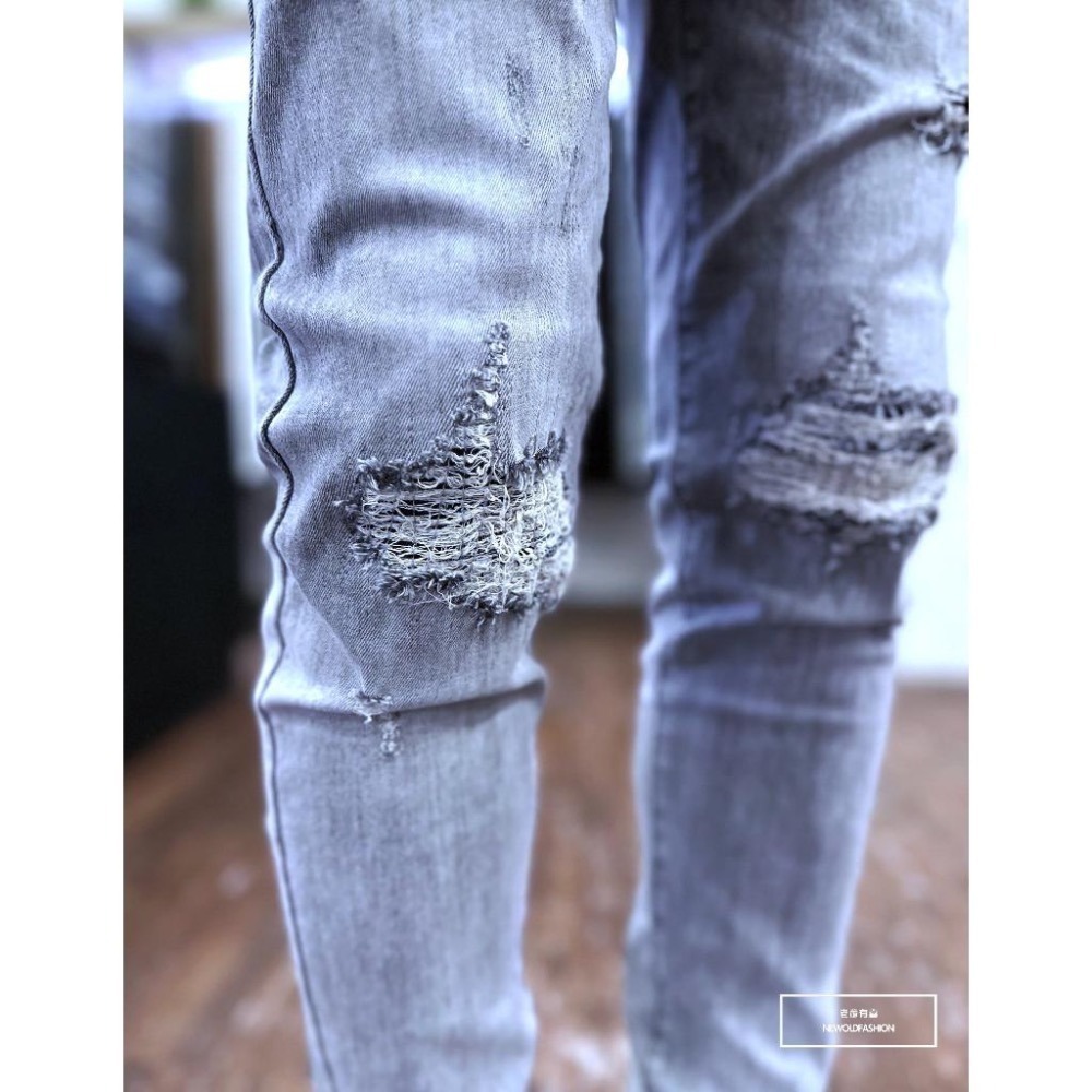 『新品上市』重磅縫線變形蟲補丁小直筒 煙灰水泥灰 牛仔破褲 顯瘦修身窄管 補丁破壞 男生牛仔褲(NOF23063895)-細節圖4