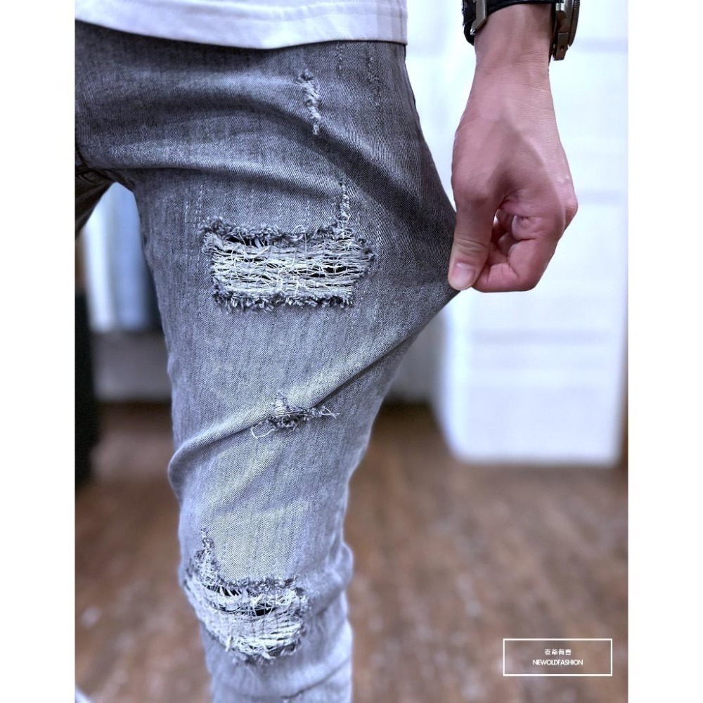 『新品上市』重磅縫線變形蟲補丁小直筒 煙灰水泥灰 牛仔破褲 顯瘦修身窄管 補丁破壞 男生牛仔褲(NOF23063895)-細節圖7