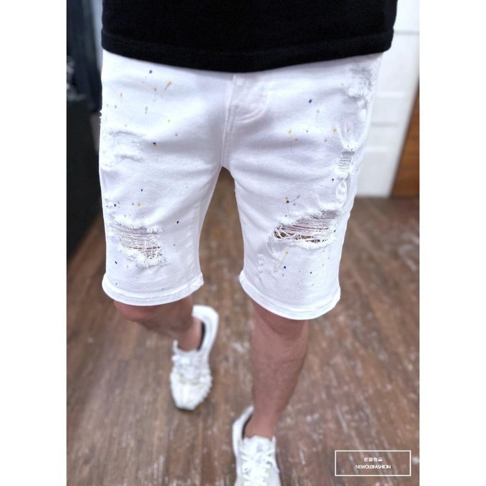『新品上市』重磅全白彈性潑漆牛仔短褲 破壞貓鬚 日系 阿美咔嘰 工作褲 修身短褲 五分褲(NOF2303290)-細節圖6