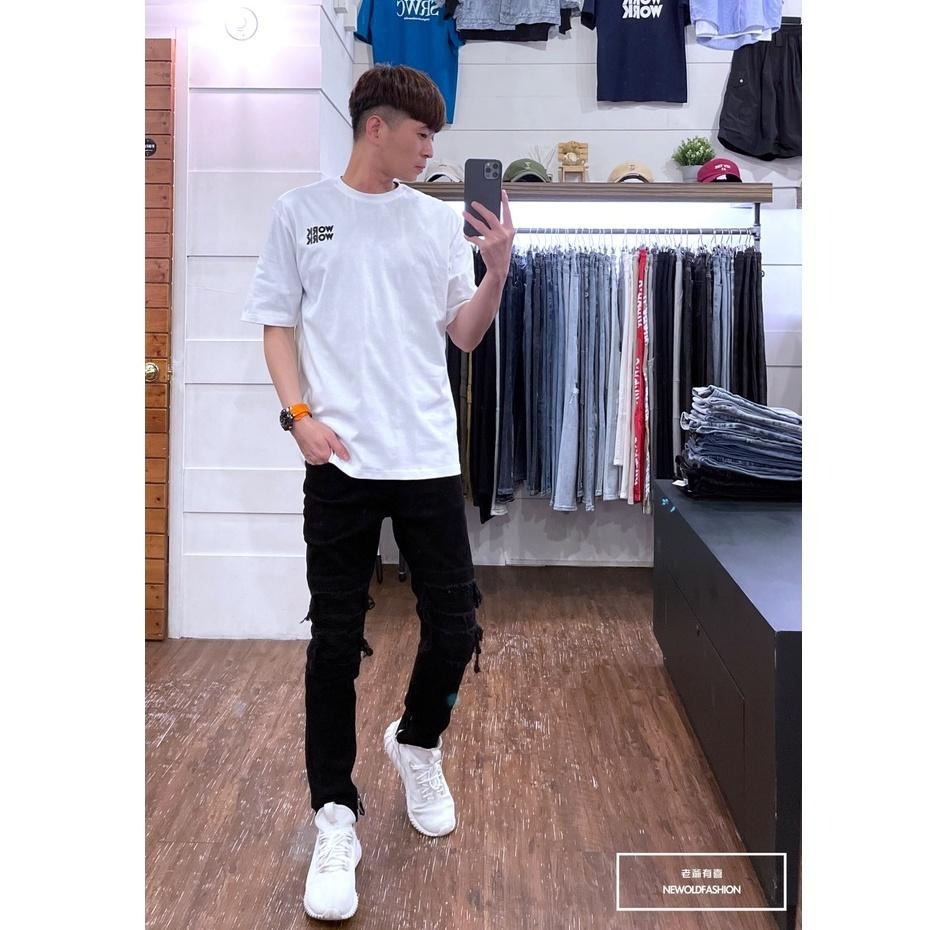 『老爺有喜』重磅闇黑波浪紋補丁小直筒褲 機車褲 彈性牛仔 破褲 顯瘦修身窄管 補丁破壞牛仔褲(NOF22033106)-細節圖4