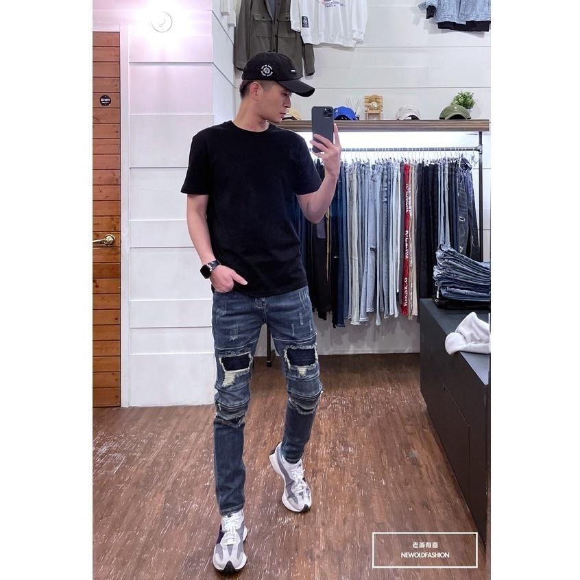 『老爺有喜』重磅深藍補丁膝拉鍊小直筒褲 機車褲 彈性牛仔破褲 顯瘦修身窄管 補丁破壞牛仔褲(NOF22033330)-細節圖4