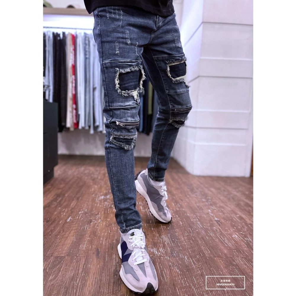 『老爺有喜』重磅深藍補丁膝拉鍊小直筒褲 機車褲 彈性牛仔破褲 顯瘦修身窄管 補丁破壞牛仔褲(NOF22033330)-細節圖5