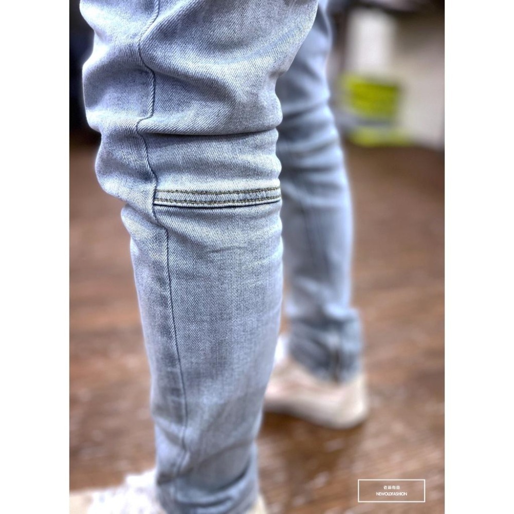 『老爺有喜』重磅水洗藍素色側拉鍊小直筒褲(NOF22062018)-細節圖8
