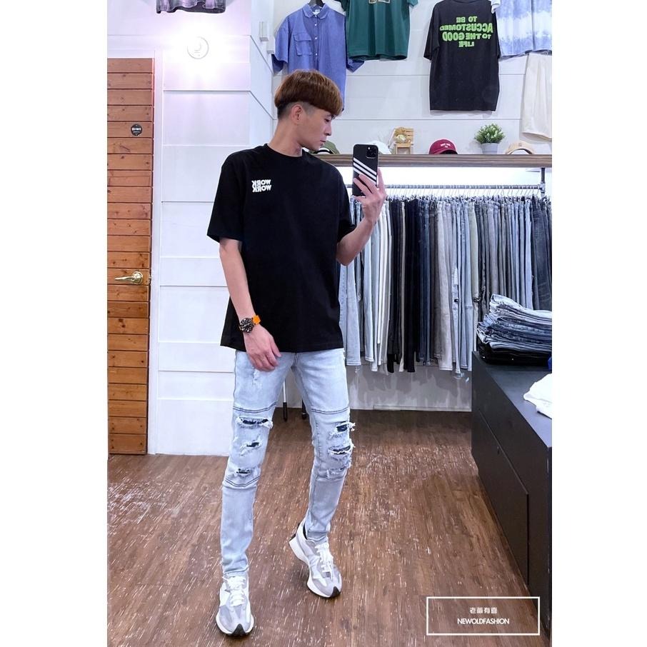 『老爺有喜』重磅對稱三洞補丁小直筒褲 彈性抽鬚 牛仔破褲 顯瘦 修身 窄管 補丁破壞 牛仔褲(NOF22073105)-細節圖2