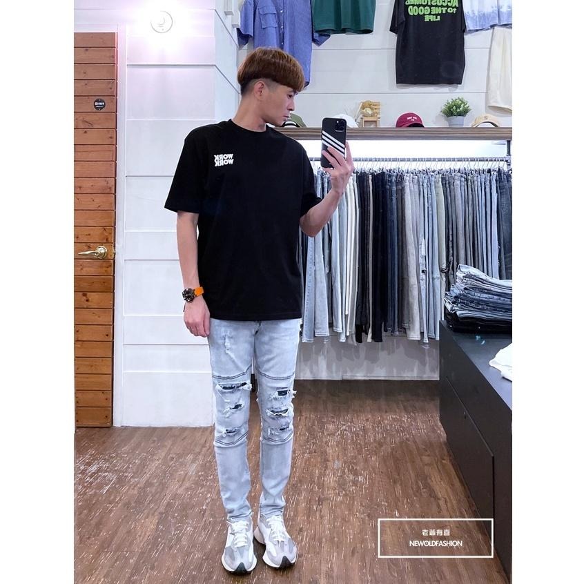 『老爺有喜』重磅對稱三洞補丁小直筒褲 彈性抽鬚 牛仔破褲 顯瘦 修身 窄管 補丁破壞 牛仔褲(NOF22073105)-細節圖4