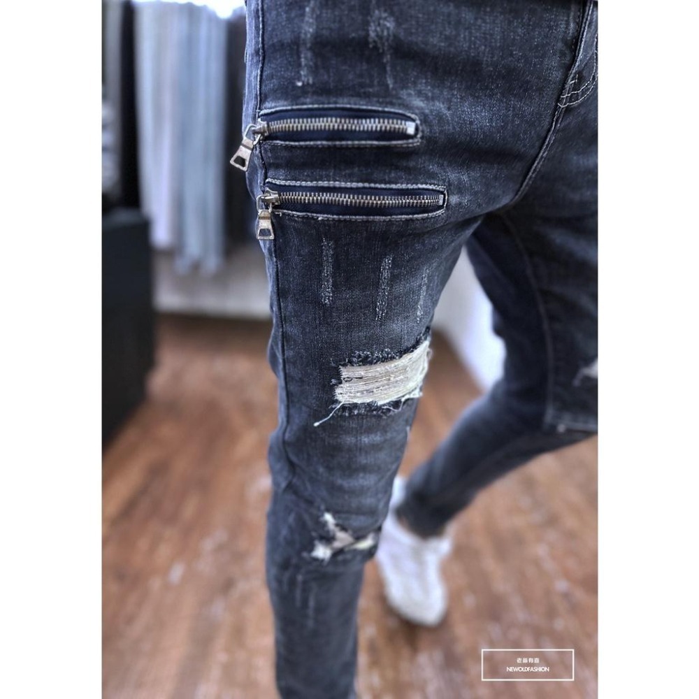 『新品上市』重磅雙槓多拉鍊破壞小直筒 機車褲 彈性抽鬚 牛仔破褲 顯瘦修身窄管 補丁破壞牛仔褲(NOF22093693)-細節圖4