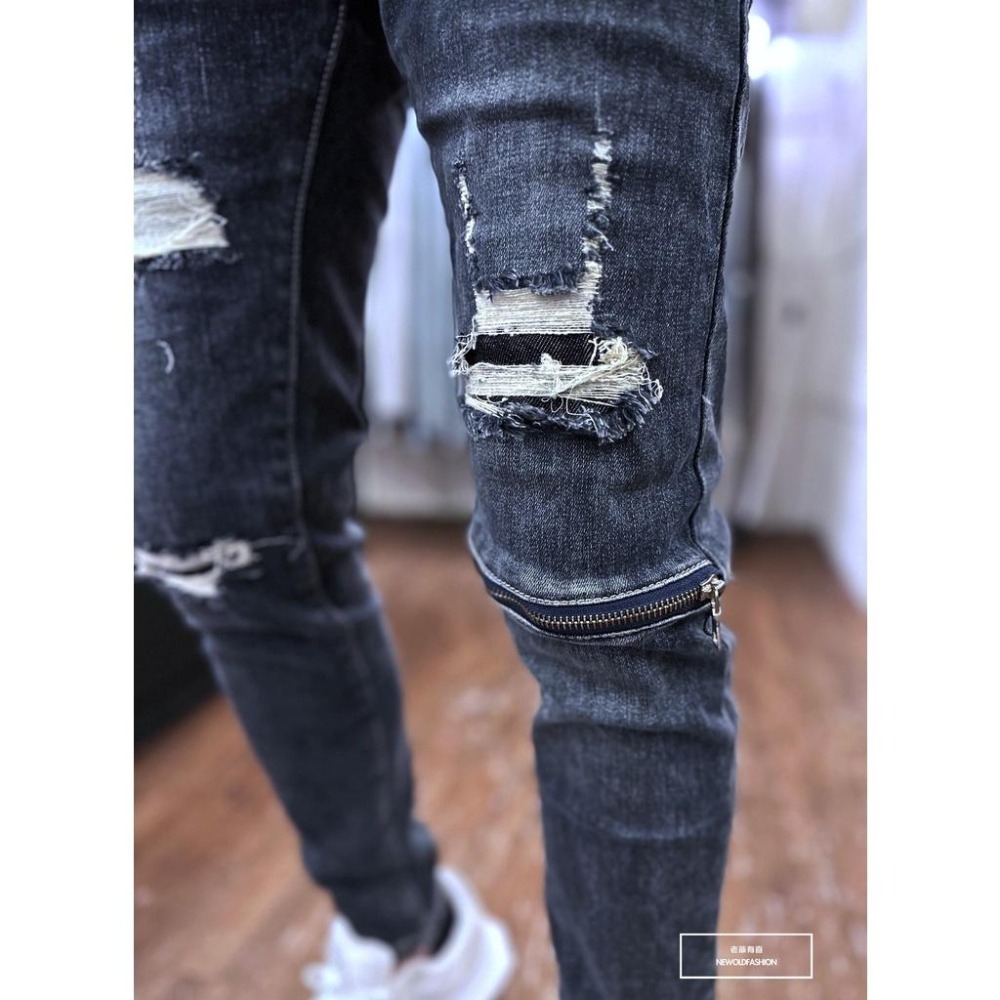 『新品上市』重磅雙槓多拉鍊破壞小直筒 機車褲 彈性抽鬚 牛仔破褲 顯瘦修身窄管 補丁破壞牛仔褲(NOF22093693)-細節圖5