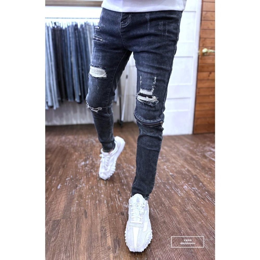 『新品上市』重磅雙槓多拉鍊破壞小直筒 機車褲 彈性抽鬚 牛仔破褲 顯瘦修身窄管 補丁破壞牛仔褲(NOF22093693)-細節圖6