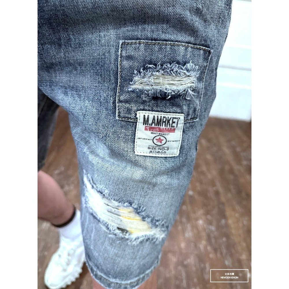 『新品上市』重磅民族風補丁破壞牛仔短褲 破壞抽鬚 日系 阿美咔嘰 五分褲 牛仔褲 男生短褲(NOF2303950)-細節圖4