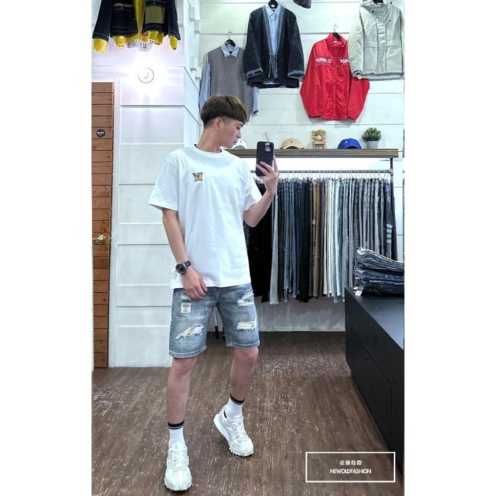 『新品上市』重磅民族風補丁破壞牛仔短褲 破壞抽鬚 日系 阿美咔嘰 五分褲 牛仔褲 男生短褲(NOF2303950)-細節圖5