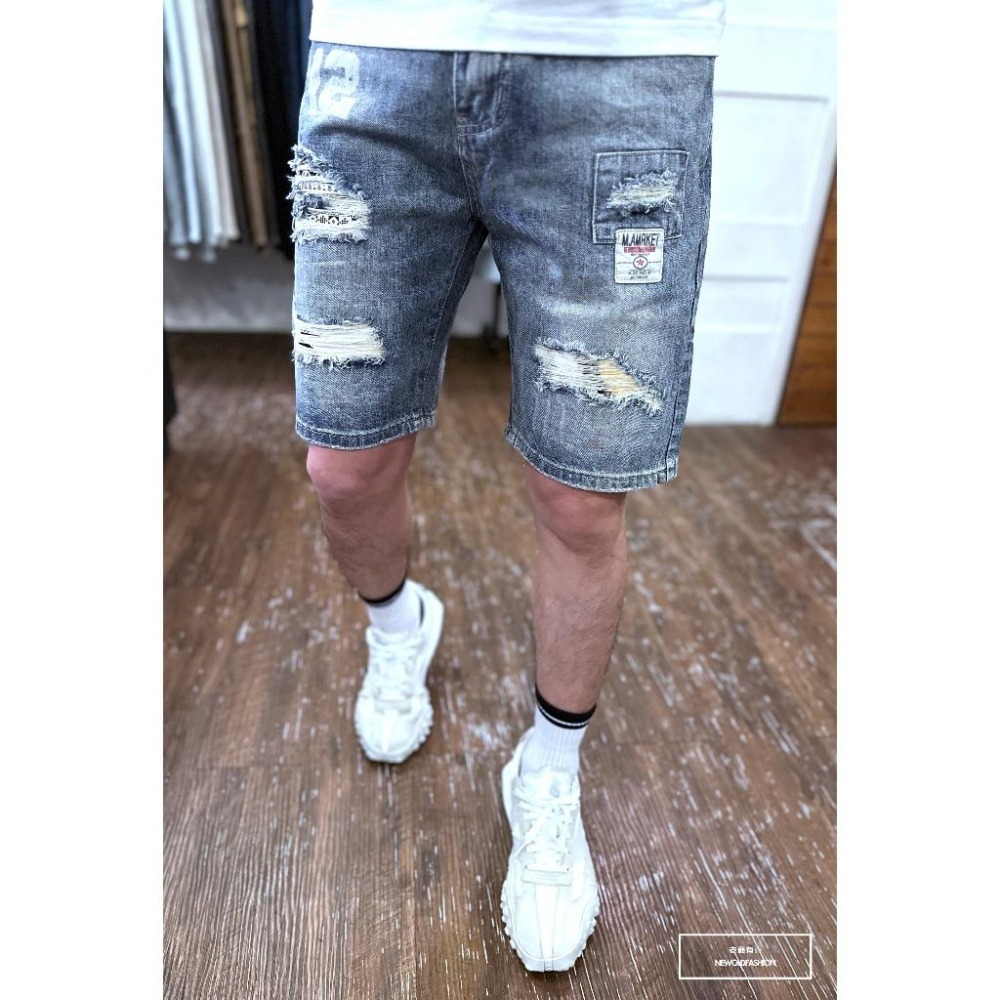 『新品上市』重磅民族風補丁破壞牛仔短褲 破壞抽鬚 日系 阿美咔嘰 五分褲 牛仔褲 男生短褲(NOF2303950)-細節圖6