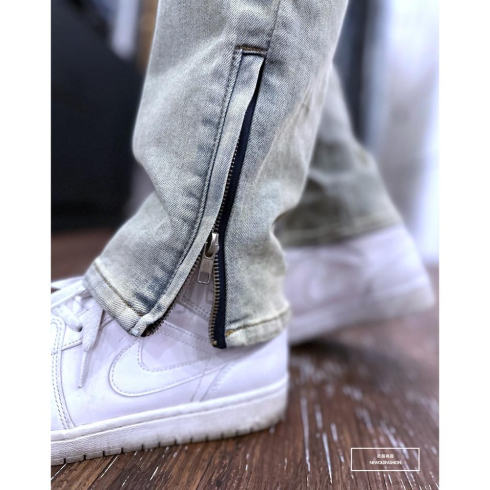 『新品上市』重磅復古素面側拉鍊中直筒 素色丹寧 仿舊水洗刷色 牛仔破褲 彈性極佳 男生牛仔褲(NOF2306L670)-細節圖7