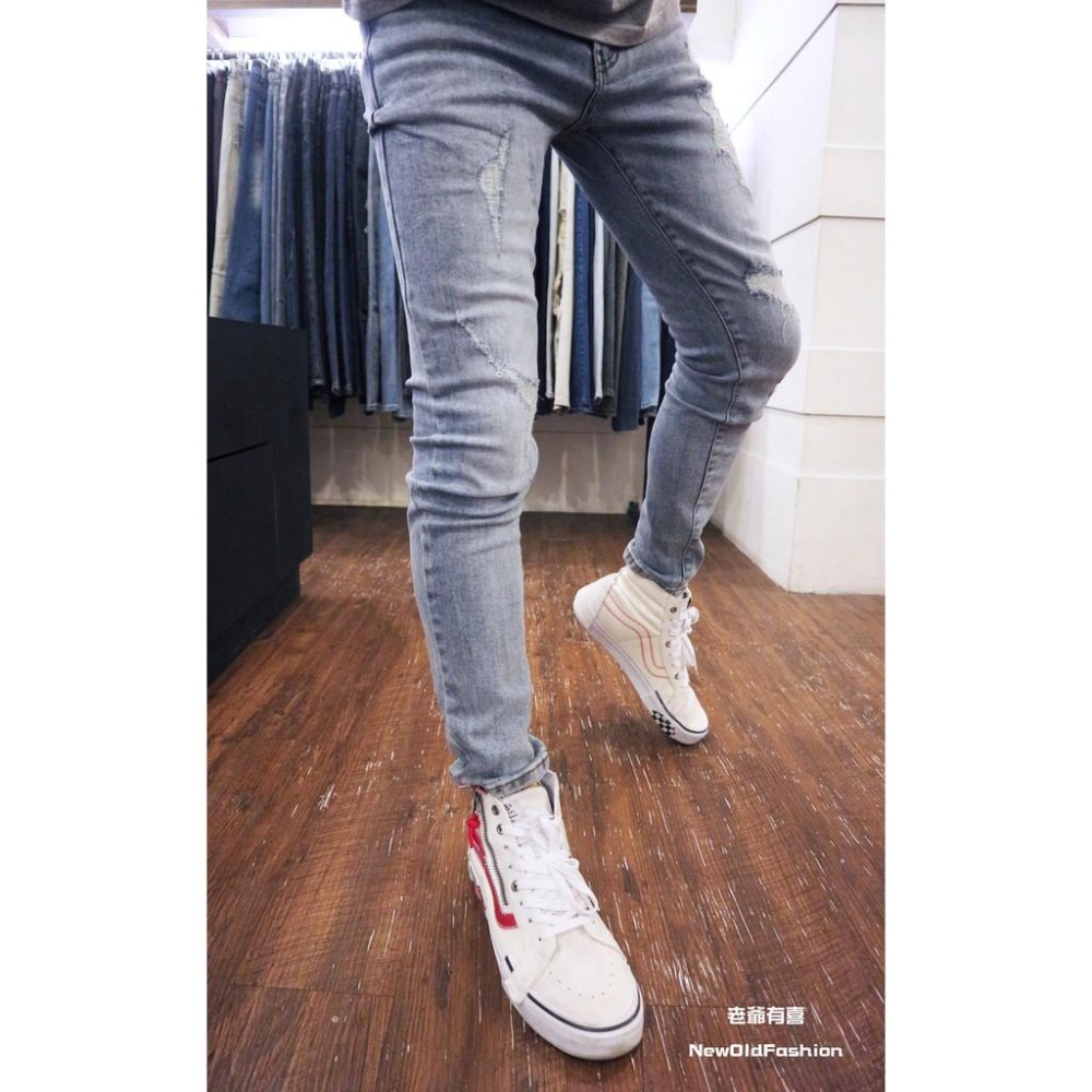 『老爺有喜』重磅縫線補丁小直筒褲 彈性抽鬚 牛仔破褲 顯瘦 修身 窄管 補丁破壞 牛仔褲 (NOF2011L593)-細節圖3