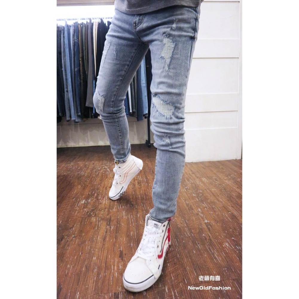 『老爺有喜』重磅縫線補丁小直筒褲 彈性抽鬚 牛仔破褲 顯瘦 修身 窄管 補丁破壞 牛仔褲 (NOF2011L593)-細節圖6