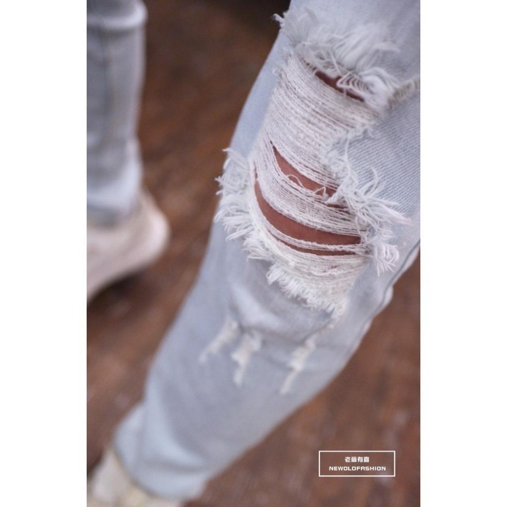 『老爺有喜』重磅極淺刷白膝破壞貓鬚牛仔小直筒褲 彈性抽鬚 牛仔破褲 顯瘦修身窄管 極淺破壞牛仔褲(NOF2003741)-細節圖3