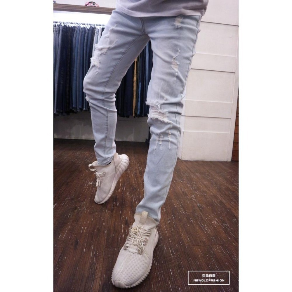 『老爺有喜』重磅極淺刷白膝破壞貓鬚牛仔小直筒褲 彈性抽鬚 牛仔破褲 顯瘦修身窄管 極淺破壞牛仔褲(NOF2003741)-細節圖4
