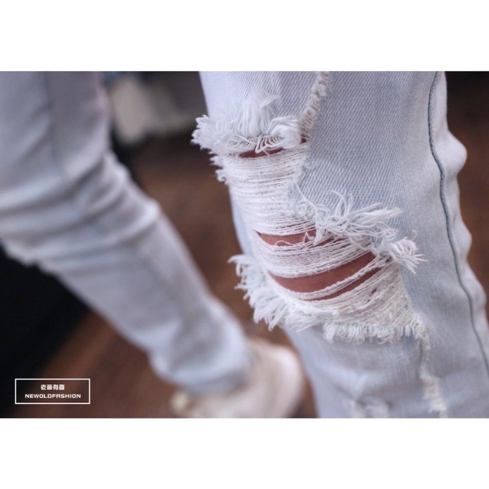 『老爺有喜』重磅極淺刷白膝破壞貓鬚牛仔小直筒褲 彈性抽鬚 牛仔破褲 顯瘦修身窄管 極淺破壞牛仔褲(NOF2003741)-細節圖5