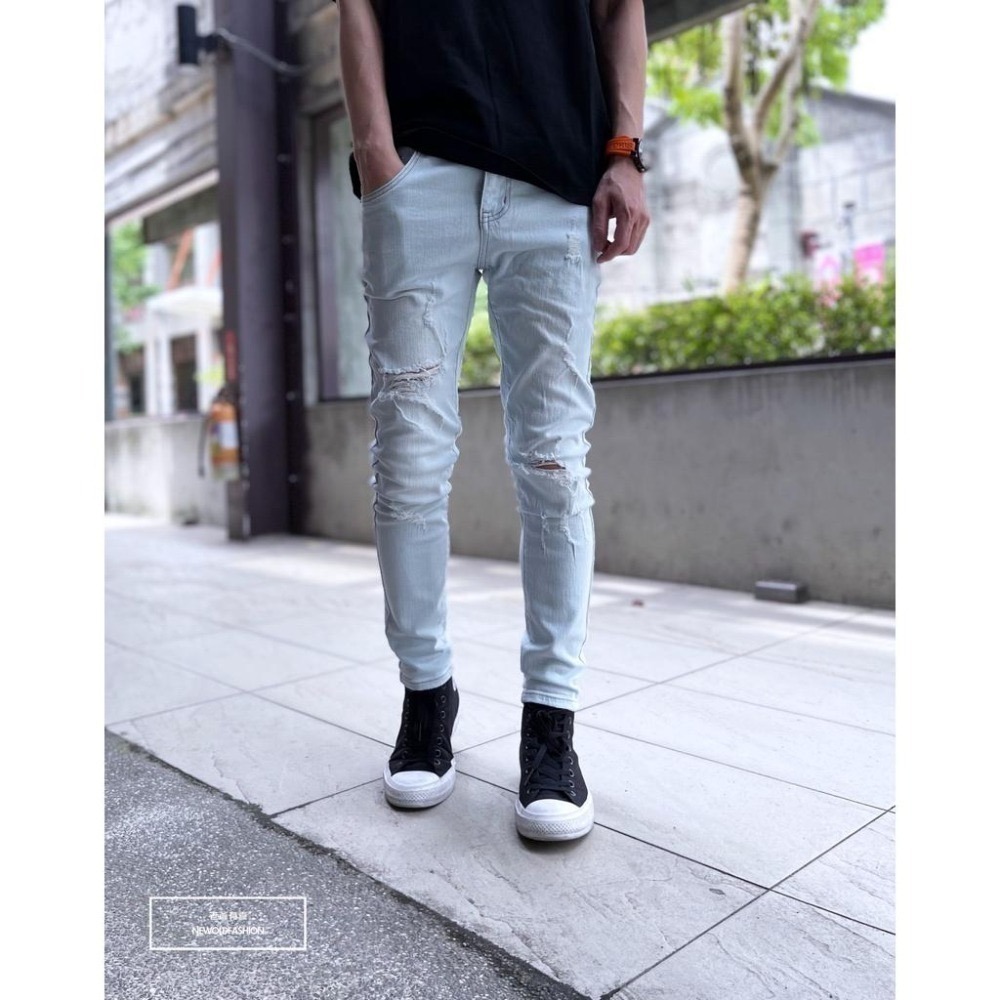 『老爺有喜』重磅極淺刷白膝破壞貓鬚牛仔小直筒褲 彈性抽鬚 牛仔破褲 顯瘦修身窄管 極淺破壞牛仔褲(NOF2003741)-細節圖6