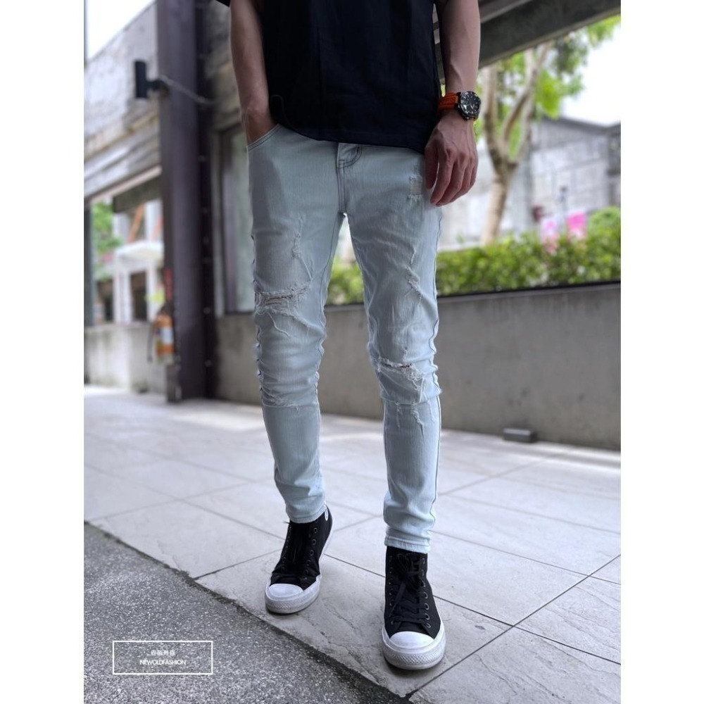 『老爺有喜』重磅極淺刷白膝破壞貓鬚牛仔小直筒褲 彈性抽鬚 牛仔破褲 顯瘦修身窄管 極淺破壞牛仔褲(NOF2003741)-細節圖7