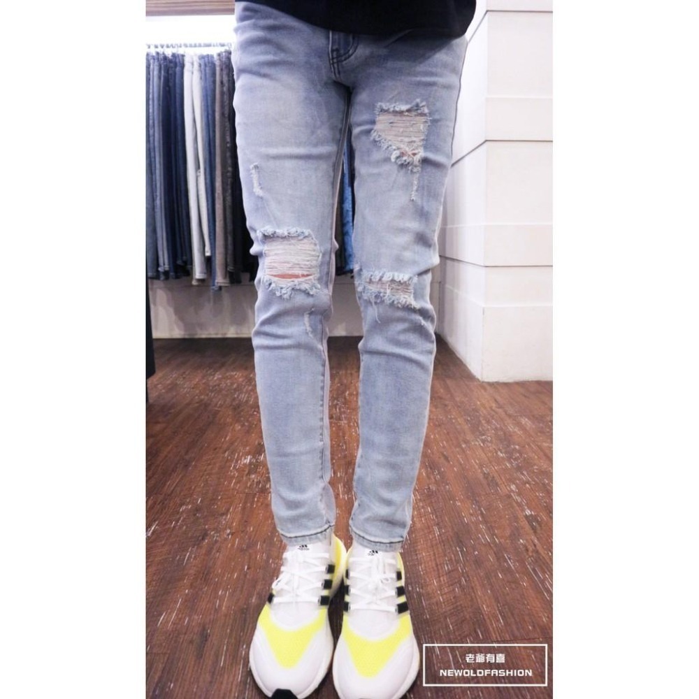 『老爺有喜』重磅不規則貓鬚破壞小直筒褲 淺刷白彈性抽鬚 牛仔破褲 顯瘦修身窄管 補丁破壞牛仔褲(NOF2107L620)-細節圖2