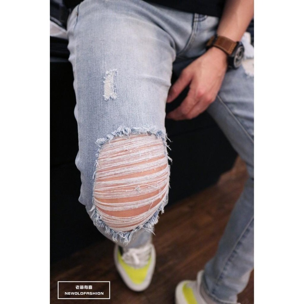『老爺有喜』重磅不規則貓鬚破壞小直筒褲 淺刷白彈性抽鬚 牛仔破褲 顯瘦修身窄管 補丁破壞牛仔褲(NOF2107L620)-細節圖6