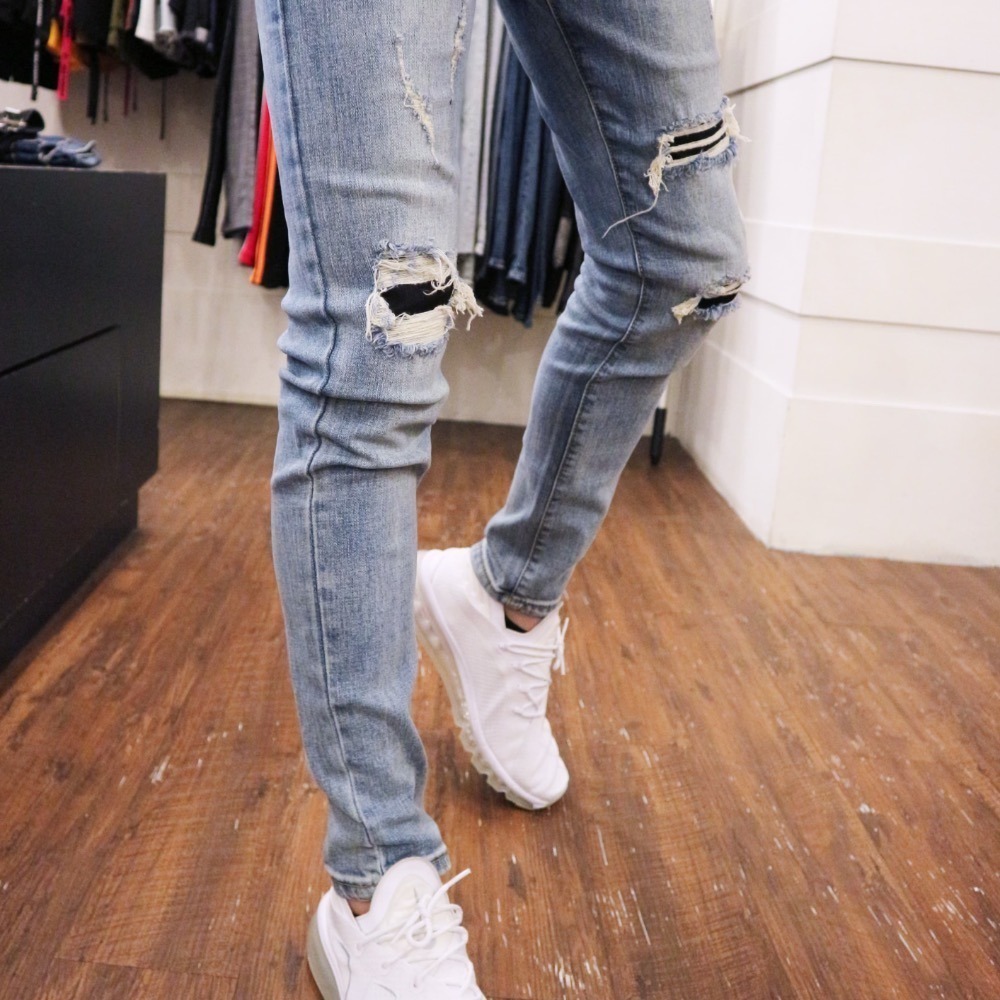 『熱銷到貨』重磅淺刷白膝破壞補丁牛仔小直筒褲！-細節圖2