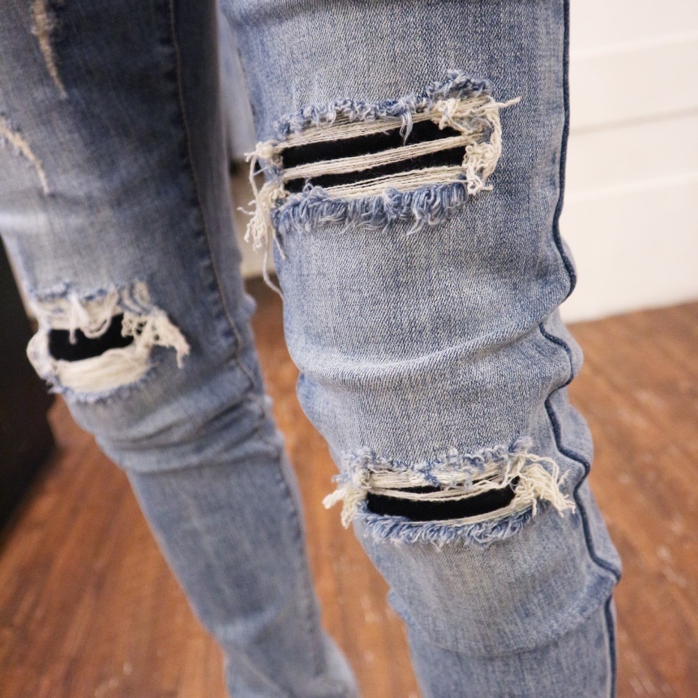 『熱銷到貨』重磅淺刷白膝破壞補丁牛仔小直筒褲！-細節圖3