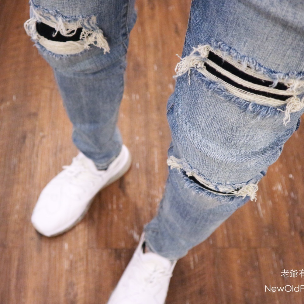 『熱銷到貨』重磅淺刷白膝破壞補丁牛仔小直筒褲！-細節圖4