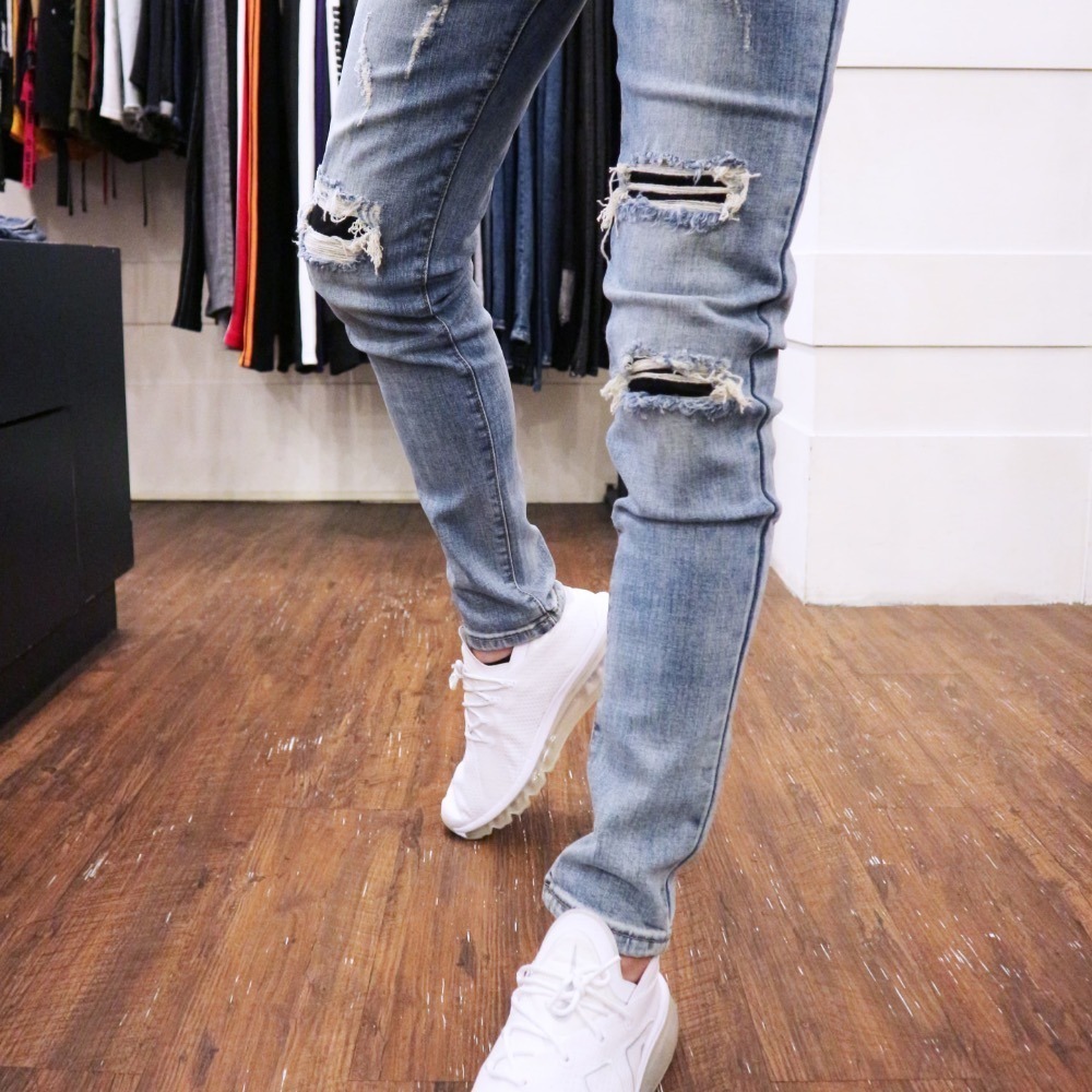 『熱銷到貨』重磅淺刷白膝破壞補丁牛仔小直筒褲！-細節圖5