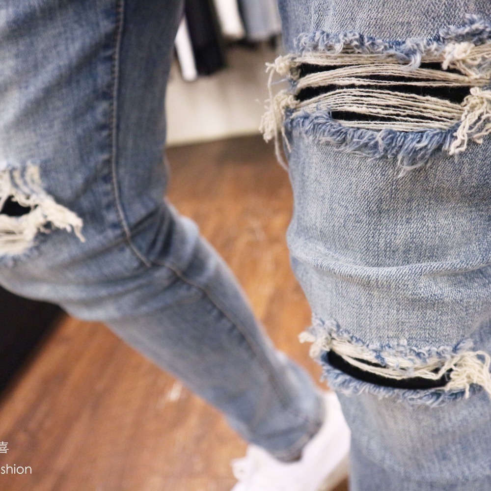 『熱銷到貨』重磅淺刷白膝破壞補丁牛仔小直筒褲！-細節圖6